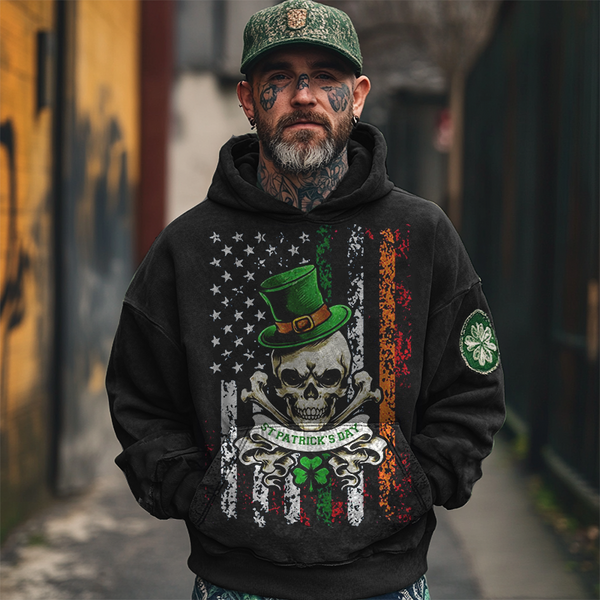 Men's St. Patrick's Day Skull American Flag Print Hoodie