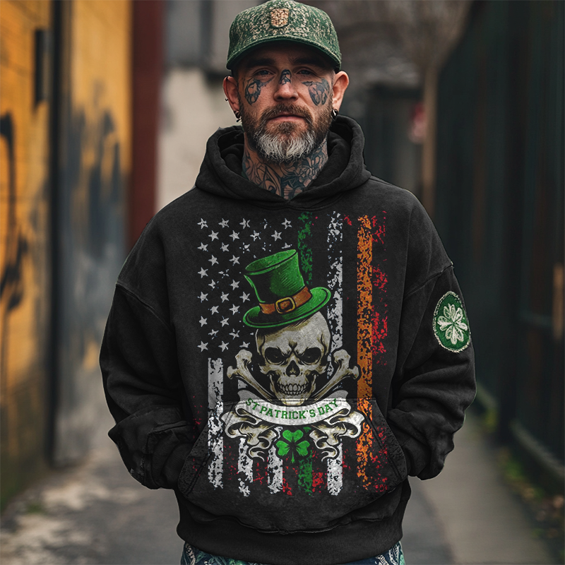 Men's St. Patrick's Day Skull American Flag Print Hoodie