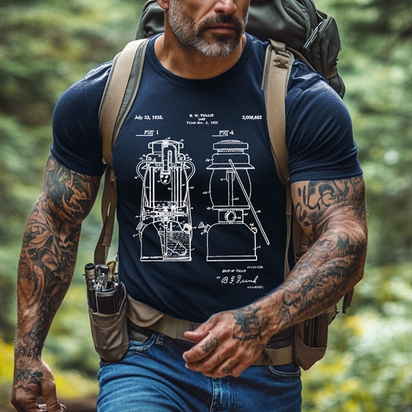 Men's Vintage Camping Gas Lantern Patent Structure Drawing Print Outdoor Short Sleeve T-shirt