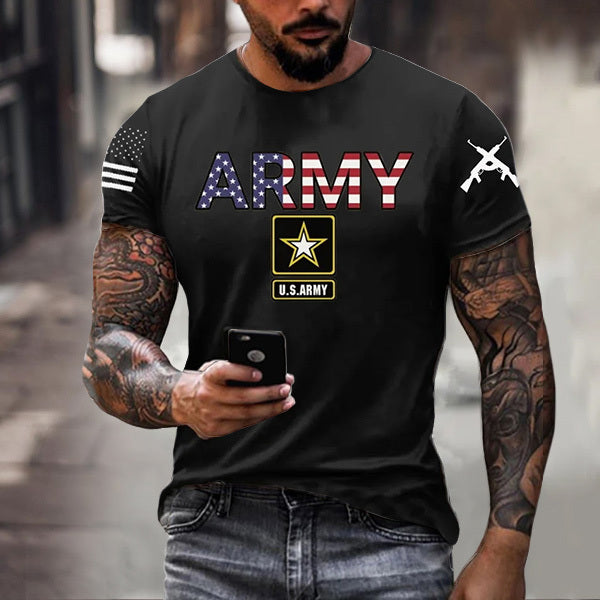 Men's Vintage Veterans Day Army America Flag Print Crew Neck Short Sleeve T-shirt