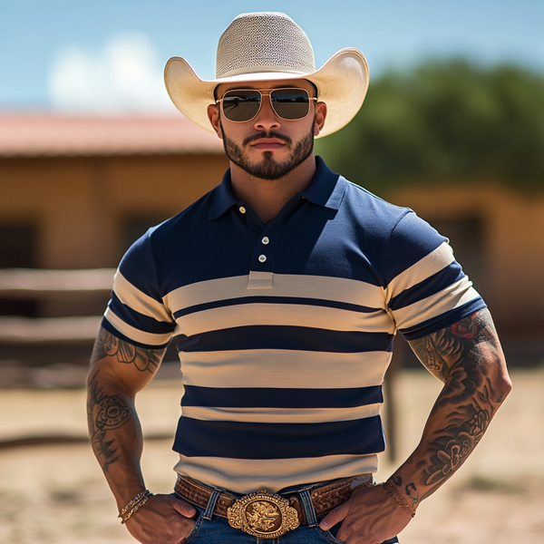 Men's Western Cowboy Striped Polo Collar Short Sleeve T-shirt