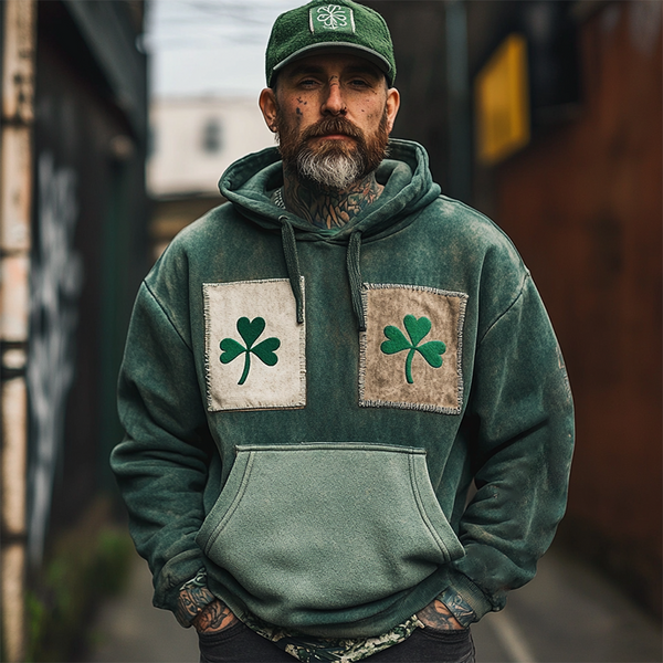 Men's Vintage St. Patrick's Day Shamrock Patches Hoodie Green