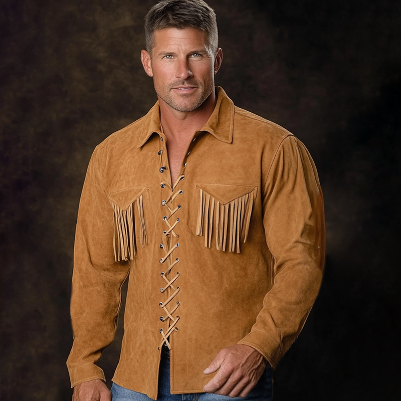 Men's Vintage Western Suede Fringed Lace-Up Front Shirt