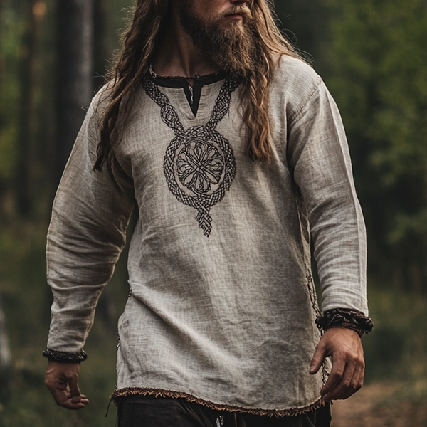 Men's Vintage Viking Ancient Nordic-style Linen Printed Long Sleeve Top Shirt