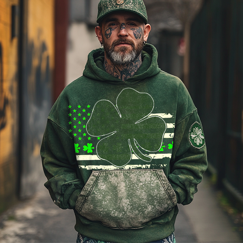 Men's Vintage Distressed St. Patrick's Day Shamrock Flag Print Hoodie Green