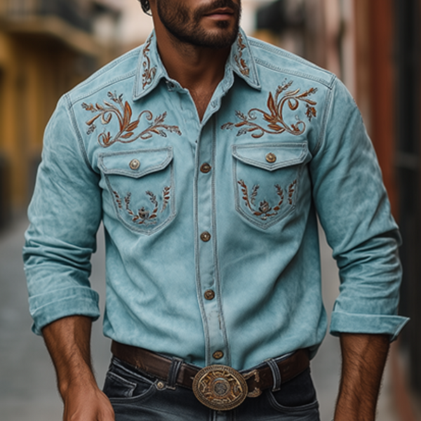 Vintage Embroidered Denim Shirt With Western Style