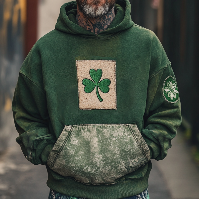 Men's Vintage Distressed Shamrock Patch St. Patrick's Day Hoodie Green