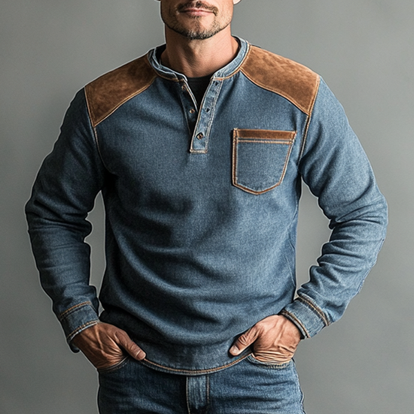 Men's Vintage Oversized Suede Denim Patchwork Sweatshirt Blue