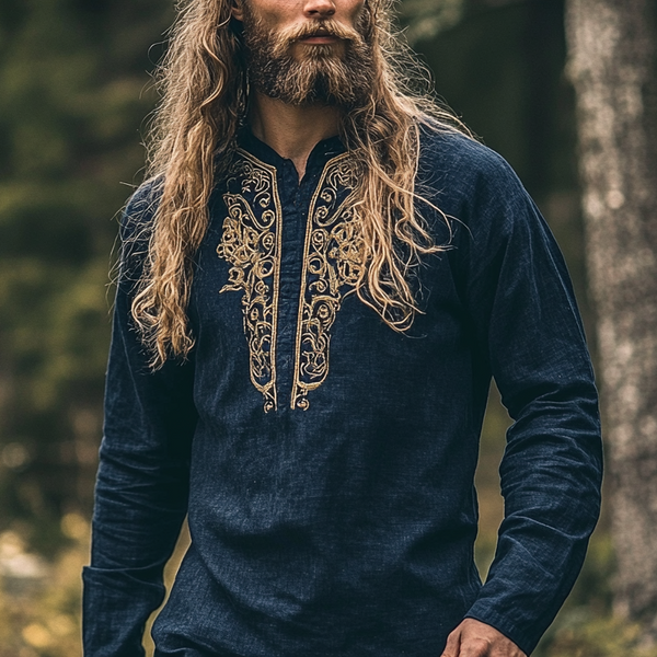 Men's Vintage Viking Art Bohemian Skandinavia Ancient Nordic-style Linen Printed Casual Long Sleeve Top Shirt