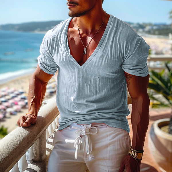 Men's V-neck Simple Plain Retro T-shirt