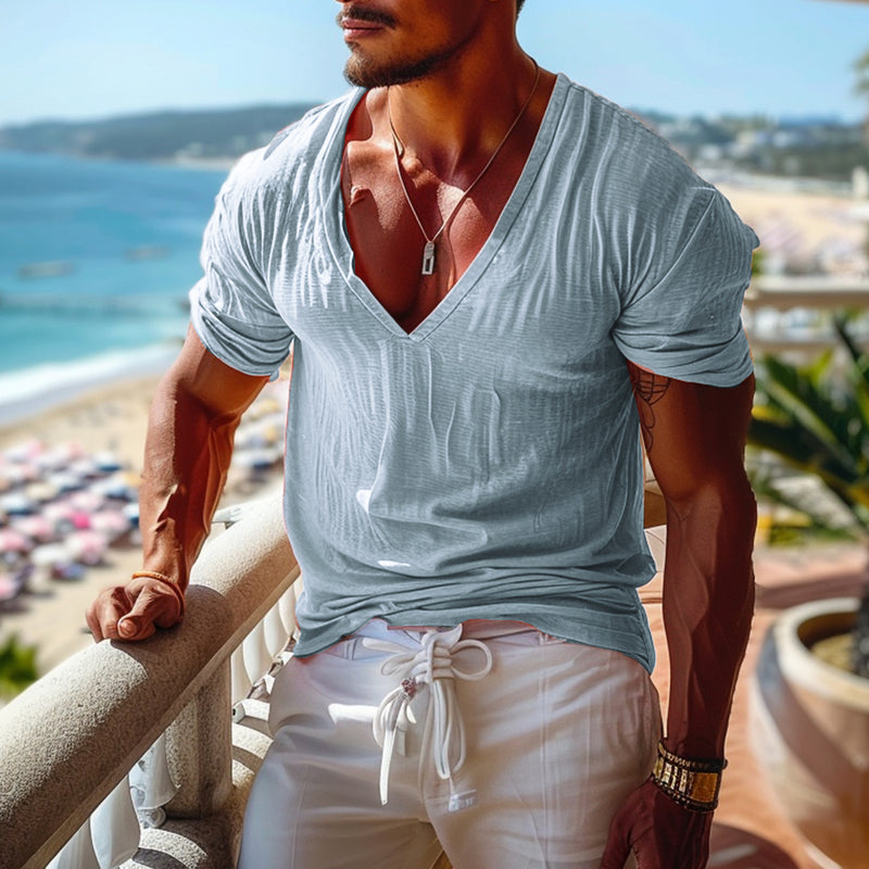 Men's V-neck Simple Plain Retro T-shirt