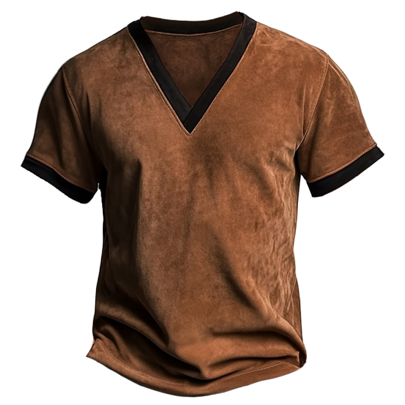 Men's Retro Western Suede V-neck T-shirt With Black Trim