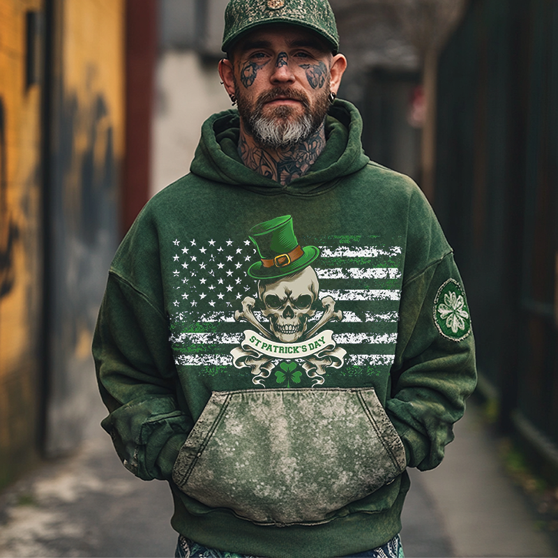 Men's Vintage Distressed St. Patrick's Day Skull Shamrock Print Hoodie Green