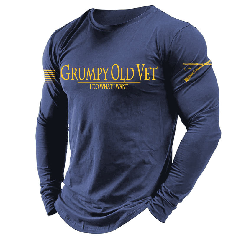 Men's Vintage Grumpy OLD Vet Letter Print Long Sleeve Round Neck T-shirt