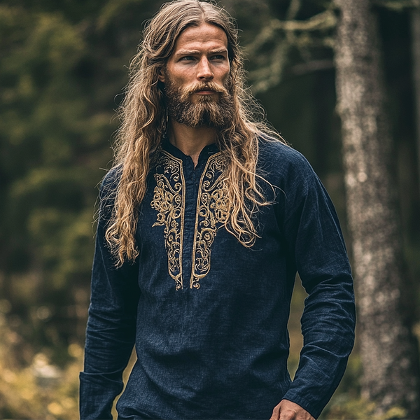 Men's Vintage Viking Art Bohemian Skandinavia Ancient Nordic-style Linen Printed Casual Long Sleeve Top Shirt