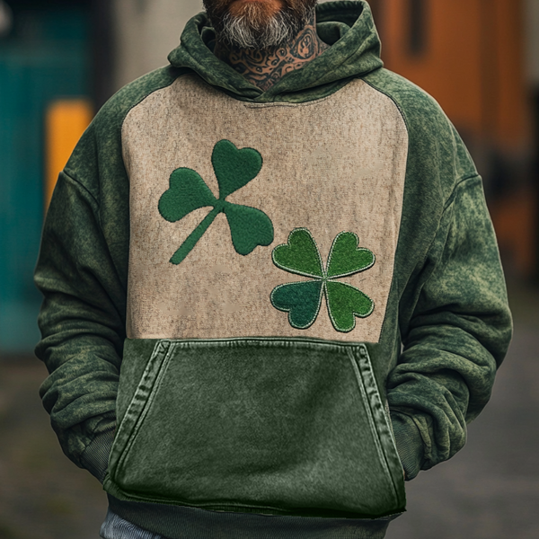 Men's Vintage Distressed Color Block Stylish Shamrock Patch Hoodie Green