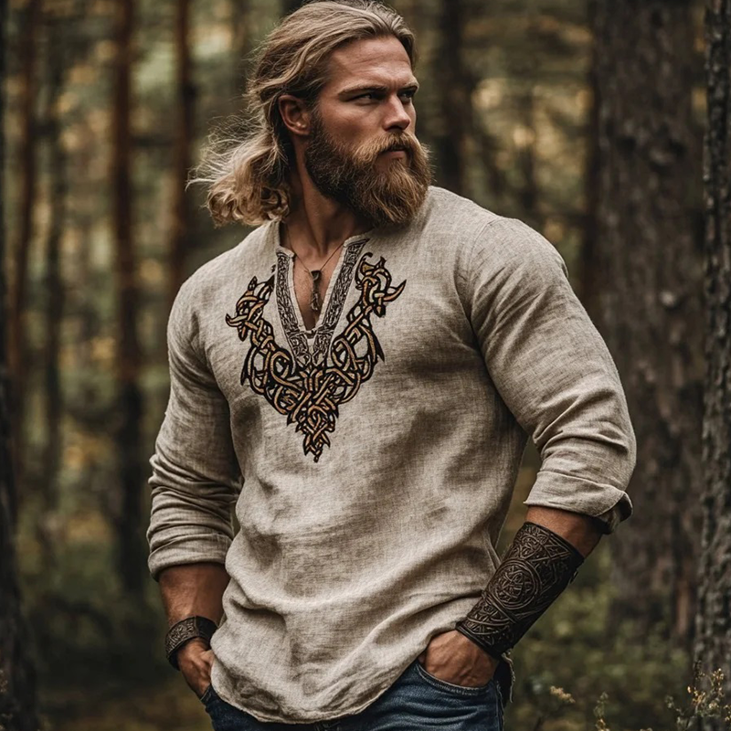 Men's Vintage Viking Art Bohemian Skandinavia Style Linen Printed Casual Long Sleeve Top Shirt