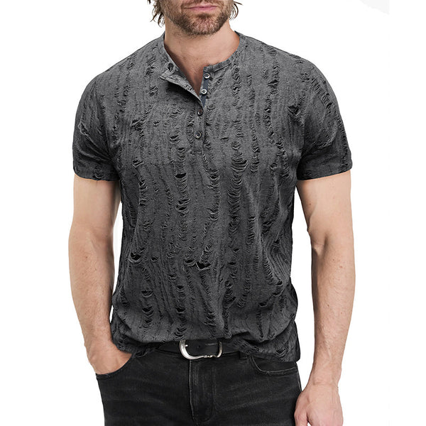 Men's Vintage Texture Jacquard Raw Edge Henley Collar T-shirt