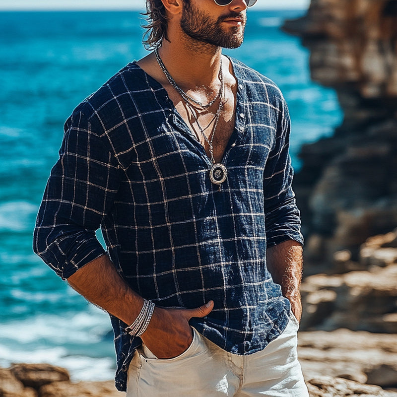 Holiday Bohemian Beach Men's Linen Casual Long Sleeve Shirt Top