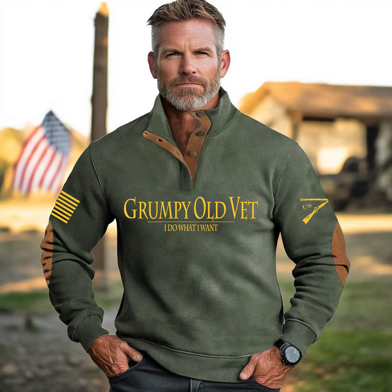 Men's Vintage Grumpy OLD Vet Letter Print Stand Collar Buttons Sweatshirt