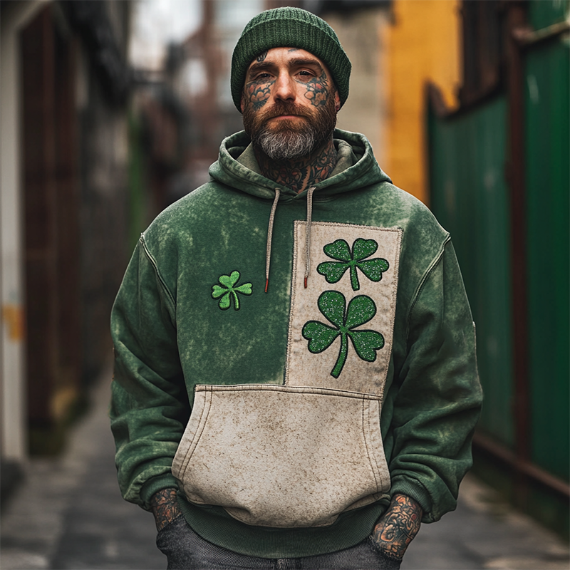 Men's Vintage Distressed Four-Leaf Pocket Clover Hoodie Green St. Patrick's Day