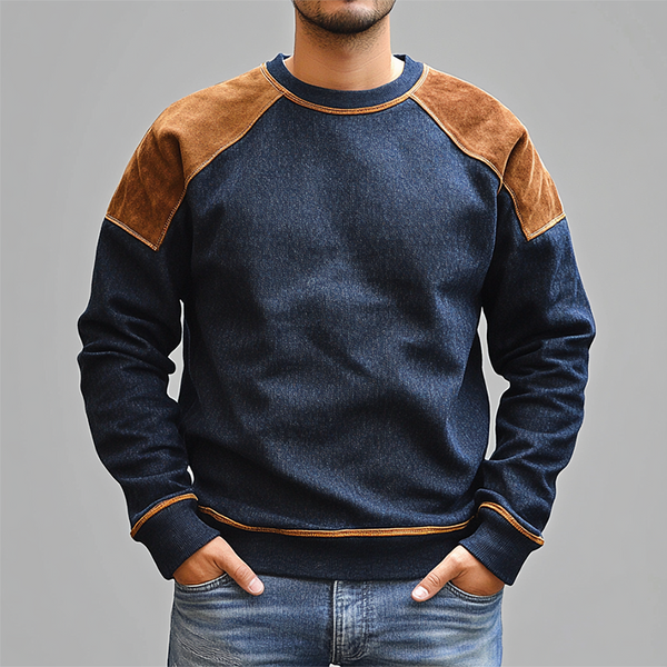 Men's Vintage Suede Denim Patchwork Crew Sweatshirt