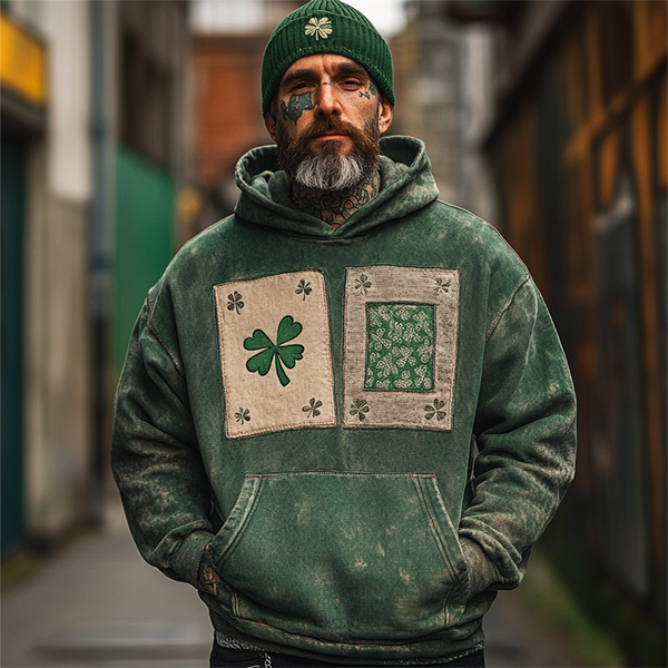 Men's Vintage Distressed St. Patrick's Day Shamrock Floral Print Patch Hoodie Green