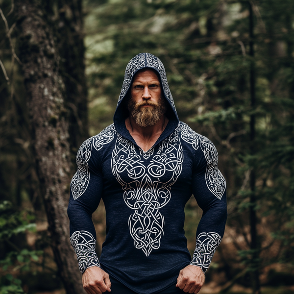 Men's Vintage Viking Warrior Intricate Celtic Print Long Sleeve Hooded T-shirt