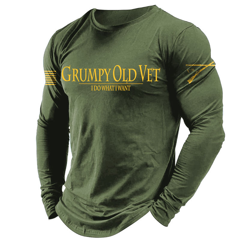 Men's Vintage Grumpy OLD Vet Letter Print Long Sleeve Round Neck T-shirt