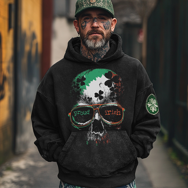 Men's Proud Irish Skull Clover Print Hoodie Black