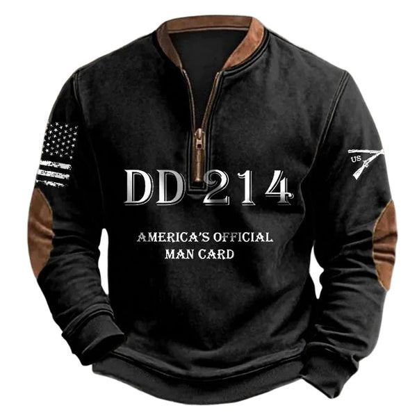 Men's Vintage DD214 America's Official Man Card Letter Print Color Block Henley Zipper Long Sleeve Sweatshirt