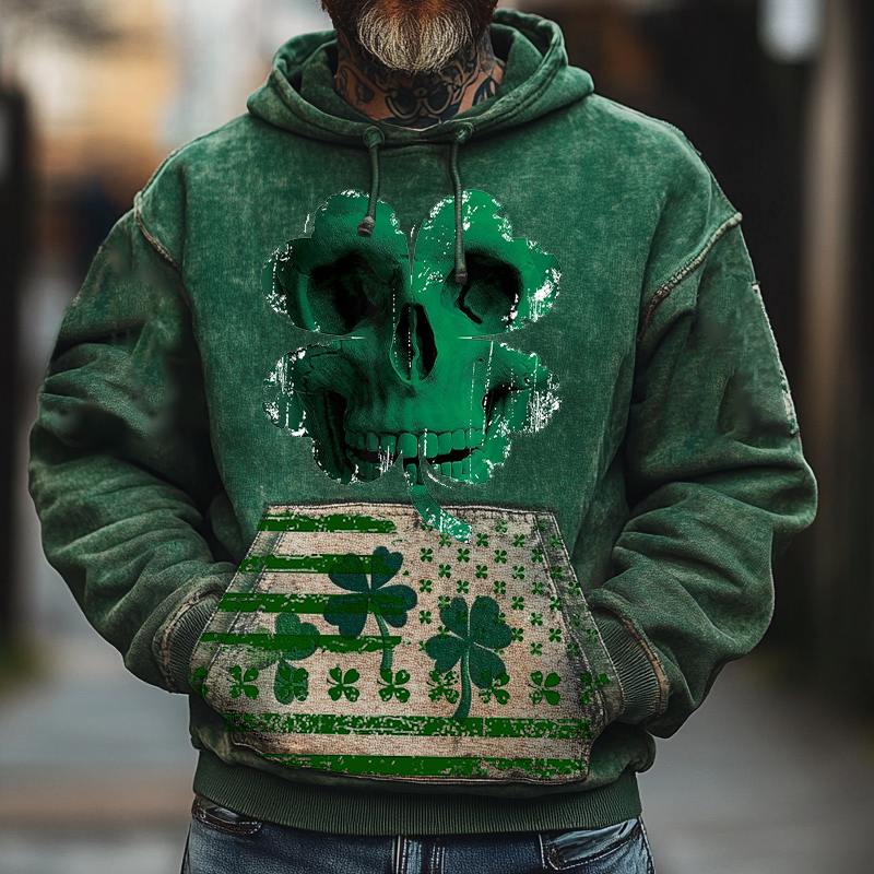 Men's Vintage Distressed St. Patrick's Day Skull Clover American Flag Print Hoodie Green