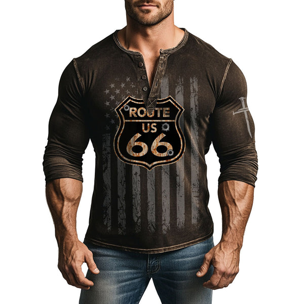 Vintage Route 66 Henley T-Shirt - Perfect For Casual And Travel Enthusiasts