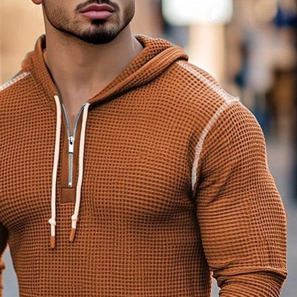 Men's Vintage Waffle Knit Long Sleeve Half Zip Hoodie