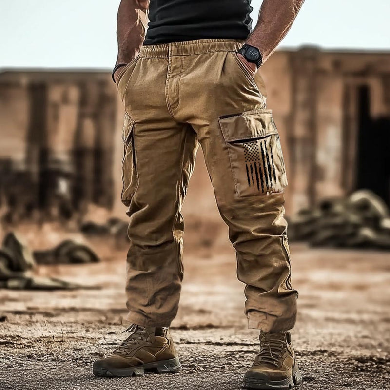 Men's Vintage American Flag Patriotic Multi-Pocket Tactical Daily Work Cargo Pants Trousers