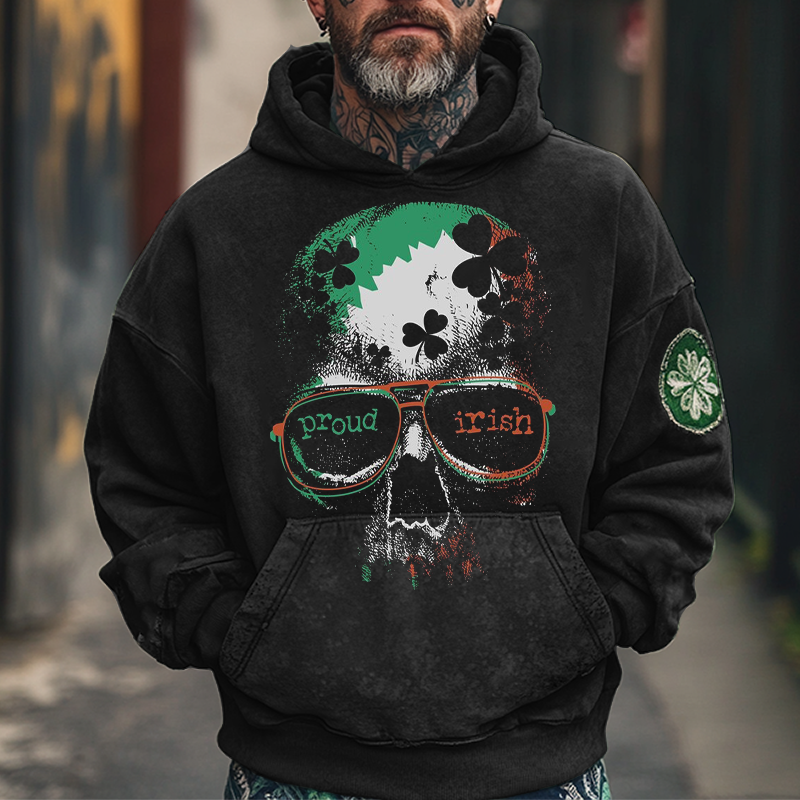 Men's Proud Irish Skull Clover Print Hoodie Black