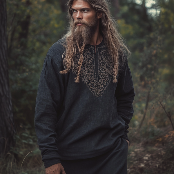 Men's Vintage Viking Bohemian Skandinavia Style Linen Printed Ancient Nordic-style Long Sleeve Top Shirt