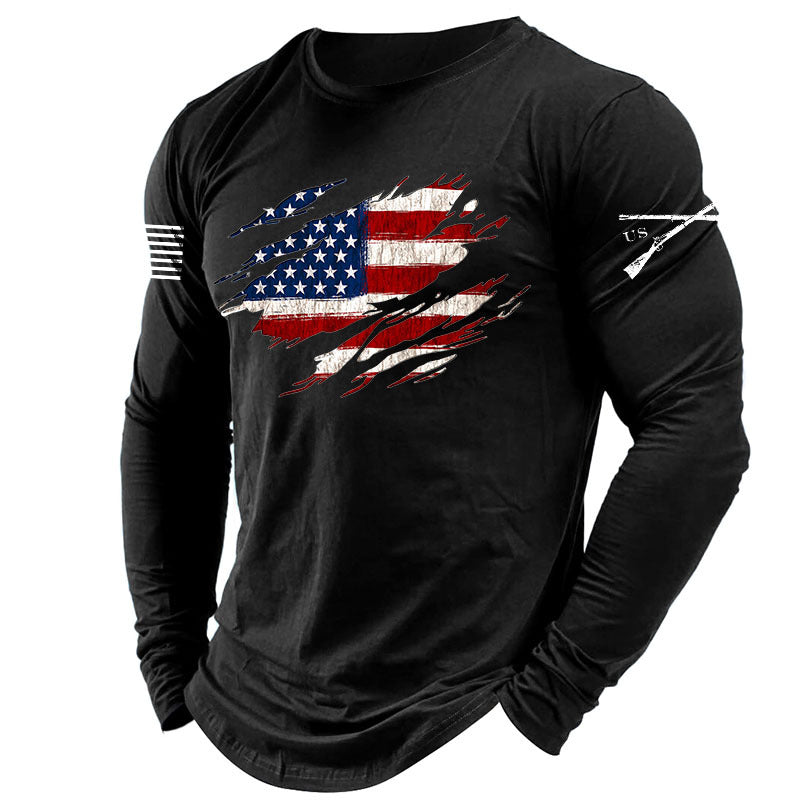 Men's Vintage American Flag Print Long Sleeve Crew Neck T-shirt