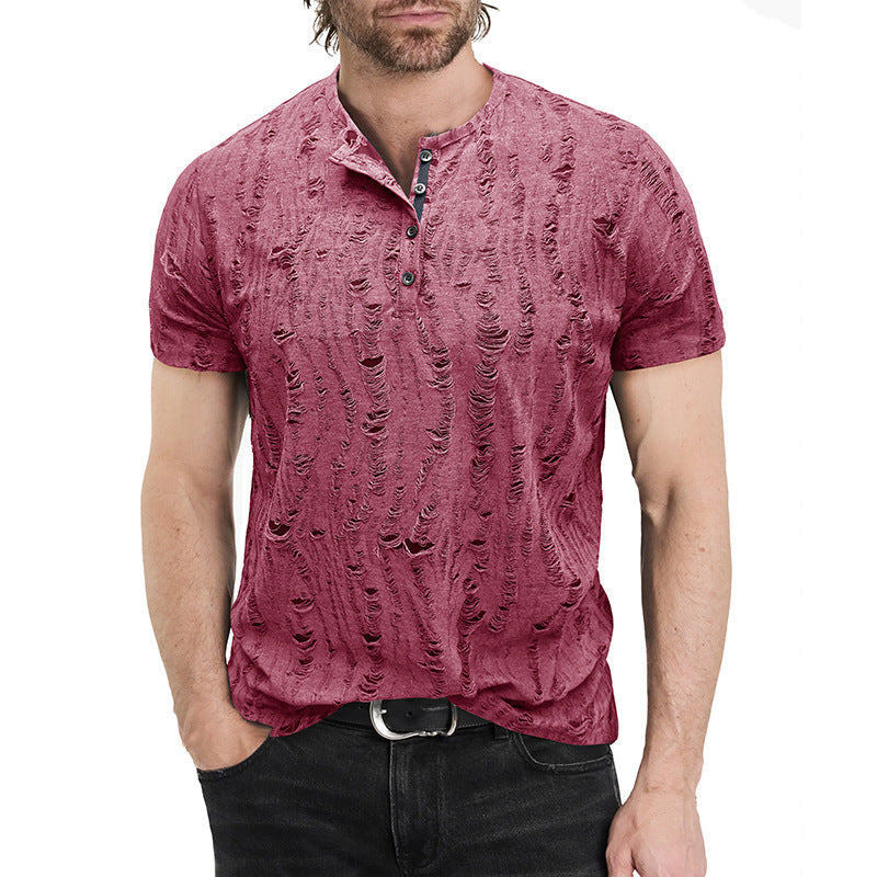 Men's Vintage Texture Jacquard Raw Edge Henley Collar T-shirt