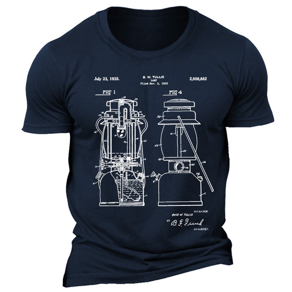 Men's Vintage Camping Gas Lantern Patent Structure Drawing Print Outdoor Short Sleeve T-shirt