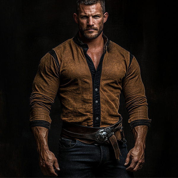 Men's Vintage Distressed Colorblock Tactical Shirt