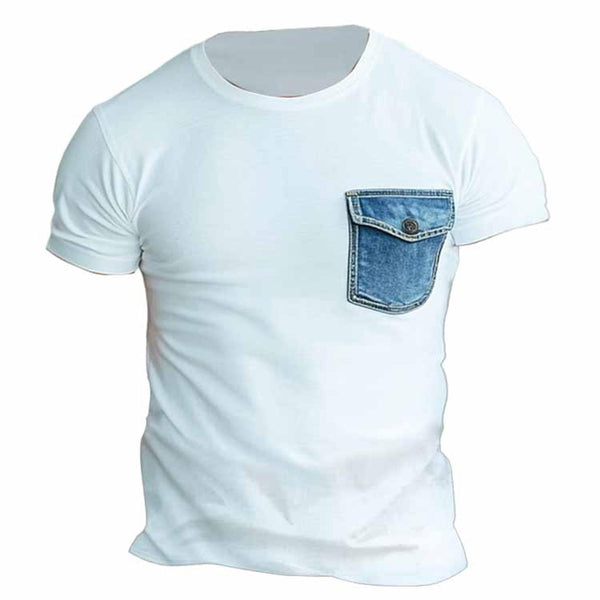 Men's Vintage Denim Chest Pocket Crew Neck Short Sleeve T-shirt