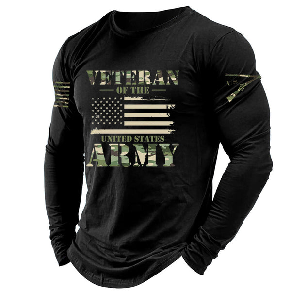 Veteran's Army Long Sleeve T-Shirt - Camo Print & USA Flag Design