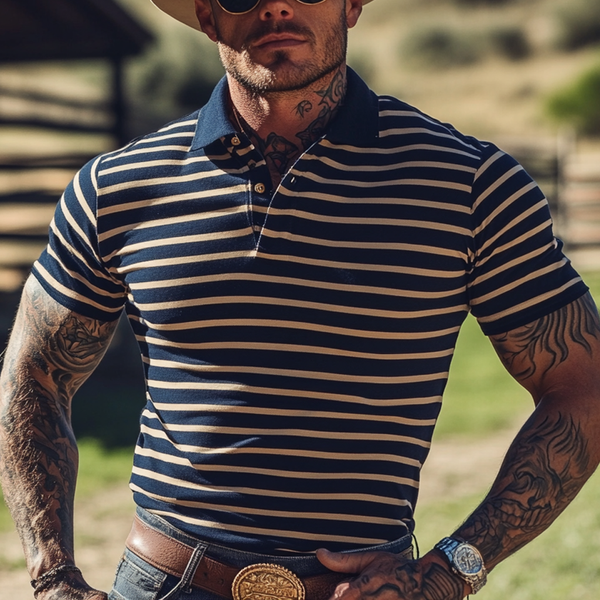 Men's Western Cowboy Striped Polo Collar Short Sleeve T-shirt