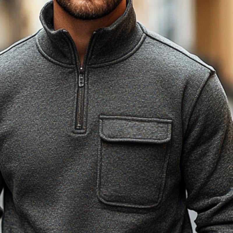 Men's Vintage Pocket Quarter Zip Stand Collar Sweatshirt