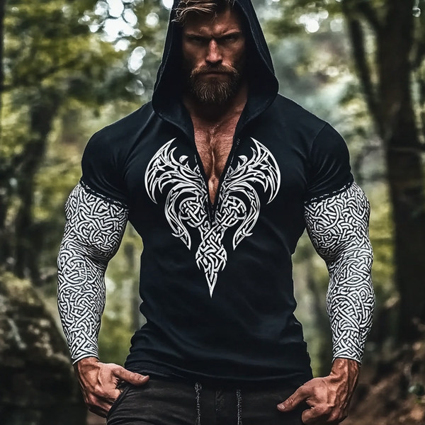 Men Are Vintage Viking Warrior VE Paste Vi Sir Intricate Celtic Print Linen Long Sleeve Hooded Shirt