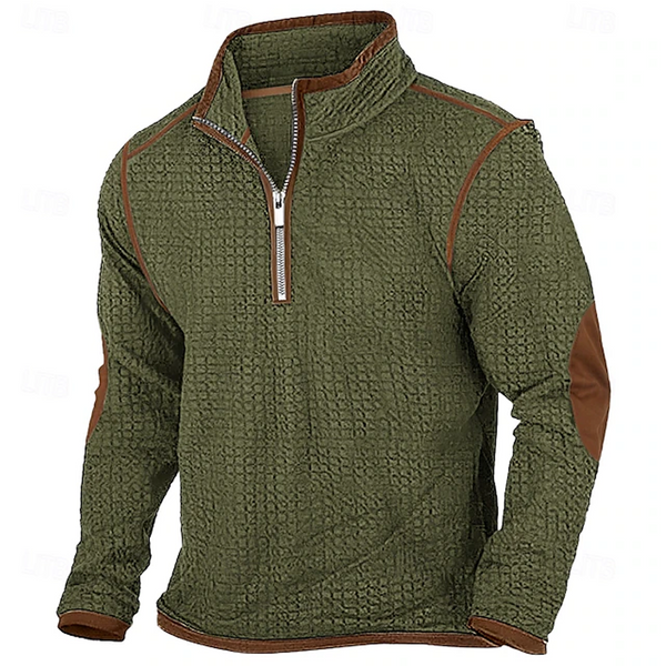 Men's Vintage Waffle Zip Stand Collar Daily Tops Elbow Patch Long Sleeve T-Shirt