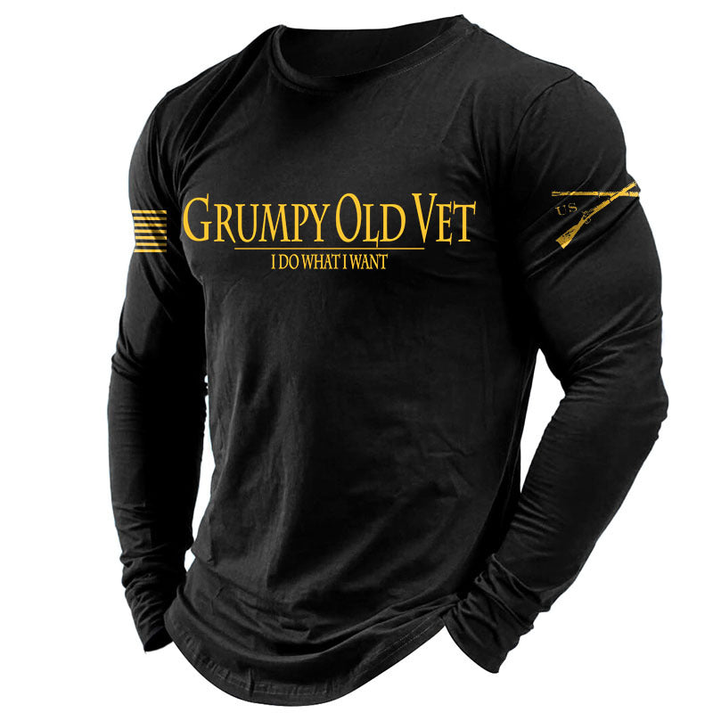 Men's Vintage Grumpy OLD Vet Letter Print Long Sleeve Round Neck T-shirt