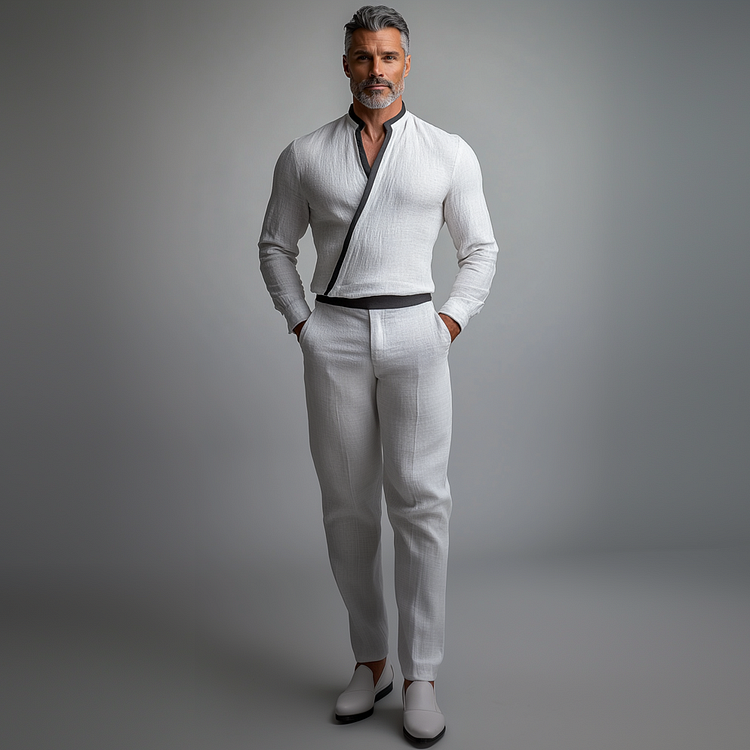 Men's Elegant White Patchwork Linen Wrap Blend V-Neck Shirt