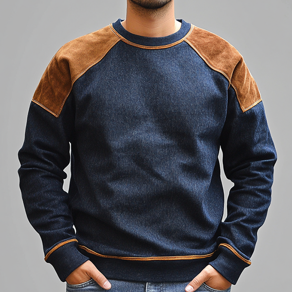 Men's Vintage Suede Denim Patchwork Crew Sweatshirt